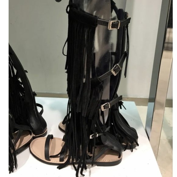 Zara Suede Leather Tall Fringe Gladiator Sandals 6 - Picture 4 of 6